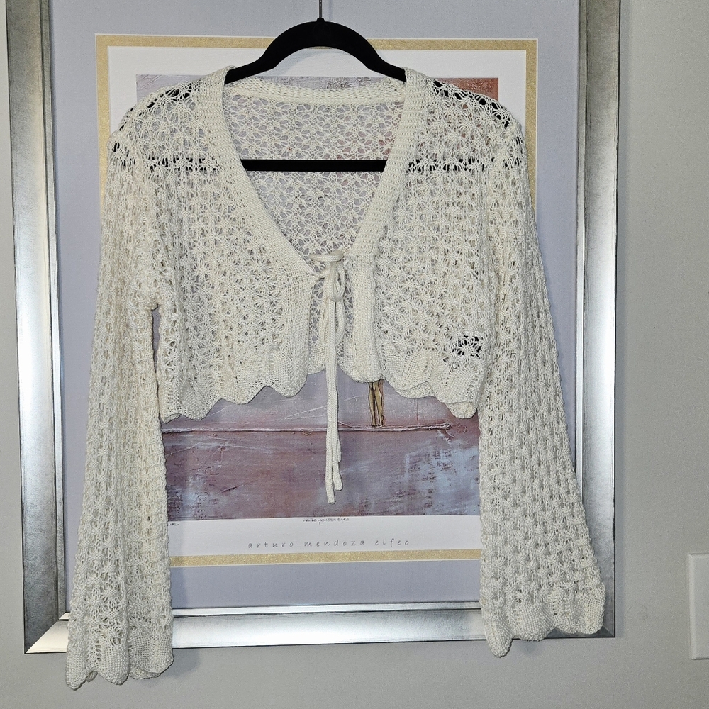 Crochet Tie Front Scallop Trim, Trumpet Sleeve Cropped Cardigan Boho Festival - Picture 9 of 10
